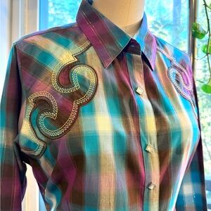 Rock 47 by Wrangler Western Shirt Large | Rowdy Cowgirl Plaid Pearl Snap